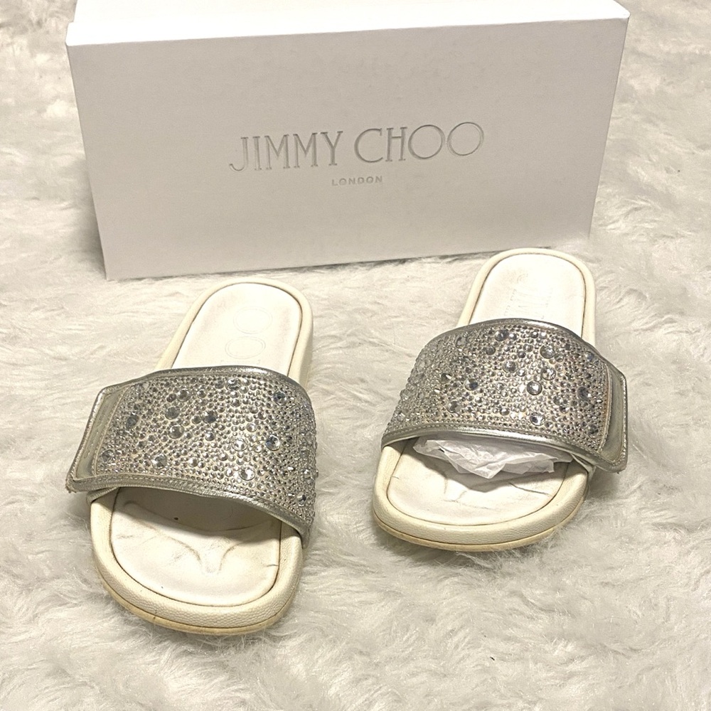 Jimmy Choo fitz Glittering ivory crystal Silver Slide Sandals 37